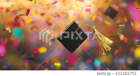 A black graduation cap adorned with a golden tassel floats amidst a cascade of colorful confetti, capturing the joyous essence of a graduation celebration, filled with excitement and achievement. A black graduation cap adorned with a golden tassel floats amidst a cascade of colorful confetti, capturing the joyous essence of a graduation celebration, filled with excitement and achievement. 121101752