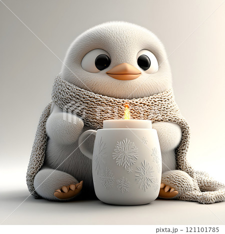 A charming little creature holds a steaming mug wrapped in a warm scarf while a flickering candle glows nearby. 121101785