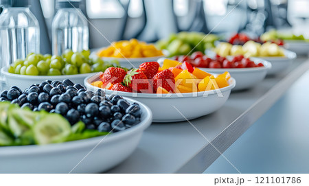 A vibrant variety of fresh fruits is beautifully arranged on a long table in a bright setting. 121101786
