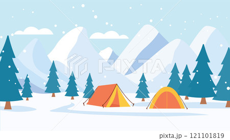 Winter Snow Holiday with Camping Camp Tent in Ice Mountain Nature Landscape with Pine Trees Winter Snow Holiday with Camping Camp Tent in Ice Mountain Nature Landscape with Pine Trees 121101819