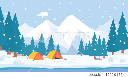Camping Camp Tent with River Ice Mountain Landscape and Pine Trees in Snow Winter Season Camping Camp Tent with River Ice Mountain Landscape and Pine Trees in Snow Winter Season 121101824