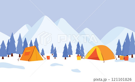 Winter Snow Holiday with Camping Camp Tent in Ice Mountain Nature Landscape with Pine Trees Winter Snow Holiday with Camping Camp Tent in Ice Mountain Nature Landscape with Pine Trees 121101826