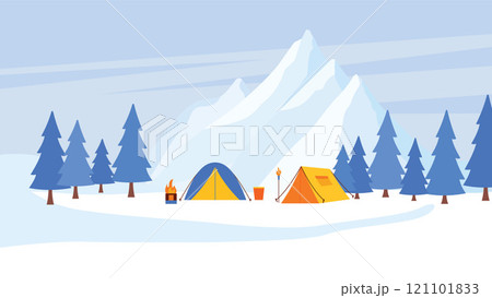 Winter Snow Holiday with Camping Camp Tent in Ice Mountain Nature Landscape with Pine Trees Winter Snow Holiday with Camping Camp Tent in Ice Mountain Nature Landscape with Pine Trees 121101833