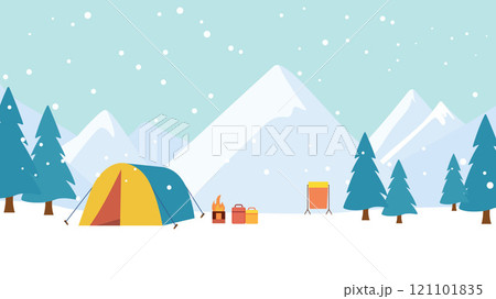 Winter Snow Holiday with Camping Camp Tent in Ice Mountain Nature Landscape with Pine Trees 121101835