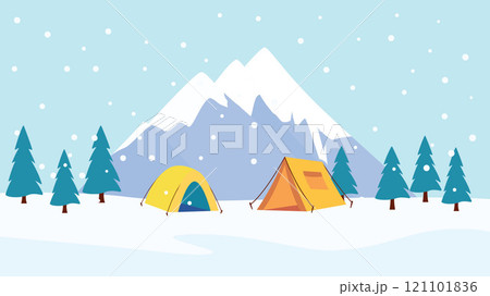 Winter Snow Holiday with Camping Camp Tent in Ice Mountain Nature Landscape with Pine Trees 121101836