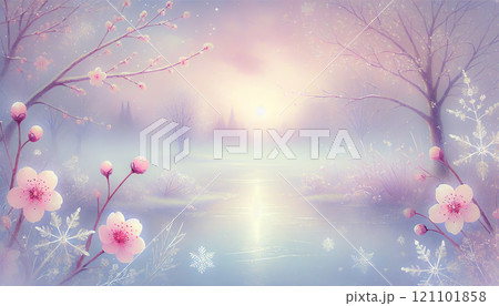 幻想的な春と冬の融合 - 桜と雪の結晶が織りなす夢の風景 幻想的な春と冬の融合 - 桜と雪の結晶が織りなす夢の風景 121101858