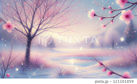 幻想的な春と冬の融合 - 桜と雪の結晶が織りなす夢の風景 121101859