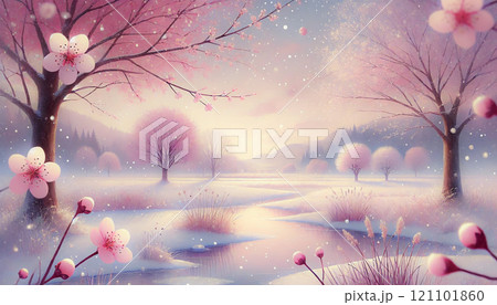 幻想的な春と冬の融合 - 桜と雪の結晶が織りなす夢の風景 121101860