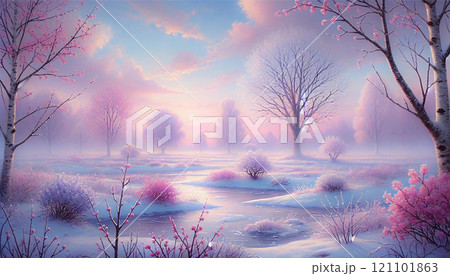 幻想的な春と冬の融合 - 桜と雪の結晶が織りなす夢の風景 121101863