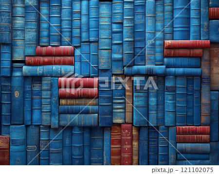 青と赤の古書が美しく並んだクラシックな本棚 121102075