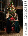 present gift tree decoration holiday winter celebration christmas girl family people surprise 121102183