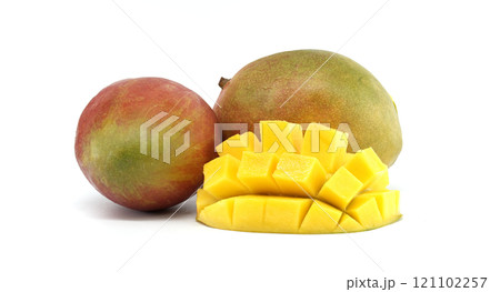 Fresh and Juicy Ripe Mangoes With a Sliced Half on a White Background Fresh and Juicy Ripe Mangoes With a Sliced Half on a White Background 121102257