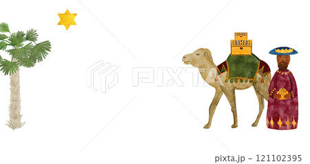 Wise man, magi, a camel with gifts, gold, myrrh, frankincense Christmas star watercolor card. Hand painted art for invitations, posters, stickers, banners, celebration of true Christmas. Cute clip art Wise man, magi, a camel with gifts, gold, myrrh, frankincense Christmas star watercolor card. Hand painted art for invitations, posters, stickers, banners, celebration of true Christmas. Cute clip art 121102395