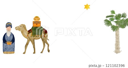 Wise man, magi, a camel with gifts, gold, myrrh, frankincense Christmas star watercolor card. Hand painted art for invitations, posters, stickers, banners, celebration of true Christmas. Cute clip art Wise man, magi, a camel with gifts, gold, myrrh, frankincense Christmas star watercolor card. Hand painted art for invitations, posters, stickers, banners, celebration of true Christmas. Cute clip art 121102396