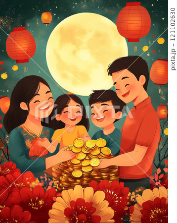 joyful family celebrates Mid Autumn Festival, surrounded by lanterns and flowers, sharing smiles and pile of gold coins under bright full moon joyful family celebrates Mid Autumn Festival, surrounded by lanterns and flowers, sharing smiles and pile of gold coins under bright full moon 121102630