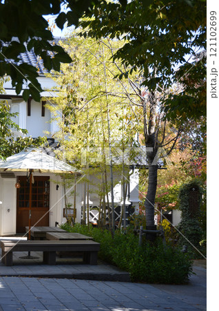 Japanese KURA house in early autumn / 紅葉の始まる蔵のある中庭 121102699