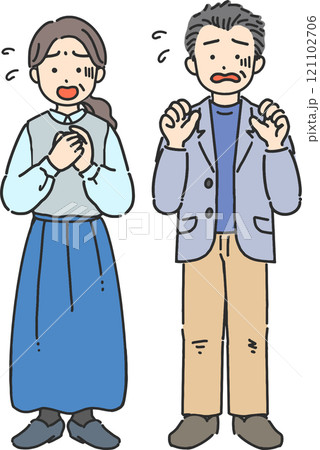 焦っている中年/シニア男性と女性のイラスト 焦っている中年/シニア男性と女性のイラスト 121102706