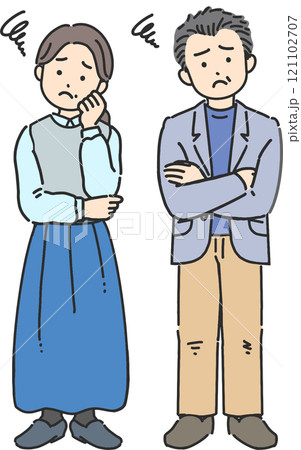 悩んでいる中年/シニア男性と女性のイラスト 悩んでいる中年/シニア男性と女性のイラスト 121102707
