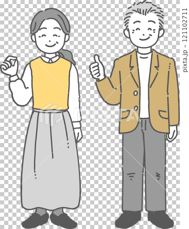 Illustration of a middle-aged/senior man and woman smiling and making an OK sign Illustration of a middle-aged/senior man and woman smiling and making an OK sign 121102711