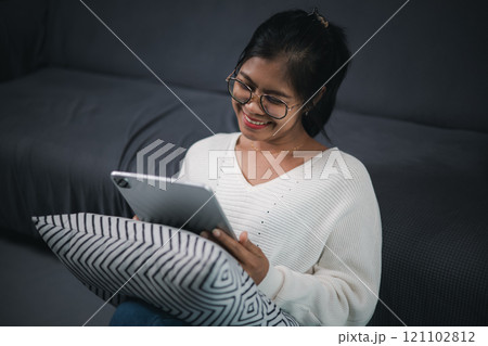 Business woman having video call on tablet concepts, Woman doing meeting, Working from home, Checking news and information, learning new skills online. 121102812