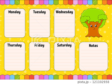 School schedule. Timetable for schoolboys. Empty template. Weekly planer with notes. Isolated color vector illustration. cartoon character. 121102938