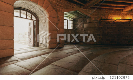 監視塔内に門から光が差し込む 121102973