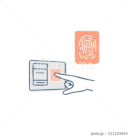 生体認証・ 指紋認証のイメージ 操作する手と指紋 生体認証・ 指紋認証のイメージ 操作する手と指紋 121103043