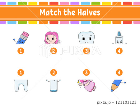 Match the halves. Education developing worksheet. Matching game for kids. Color activity page. Riddle for children. Cute character. Vector illustration. Match the halves. Education developing worksheet. Matching game for kids. Color activity page. Riddle for children. Cute character. Vector illustration. 121103123