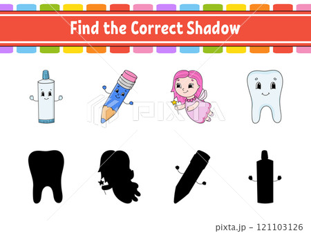 Find the correct shadow. Education developing worksheet. Matching game for kids. Color activity page. Puzzle for children. Cute character. Vector illustration. Find the correct shadow. Education developing worksheet. Matching game for kids. Color activity page. Puzzle for children. Cute character. Vector illustration. 121103126