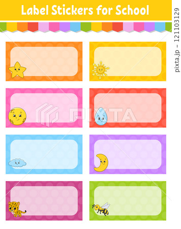 School labels for books and notebooks. Bright stickers. Rectangular label. Vector illustration. School labels for books and notebooks. Bright stickers. Rectangular label. Vector illustration. 121103129