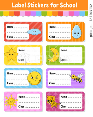 Name and class. Back to school labels. Set stickers for notebook. Bright stickers. Rectangular label. Vector illustration. Name and class. Back to school labels. Set stickers for notebook. Bright stickers. Rectangular label. Vector illustration. 121103132