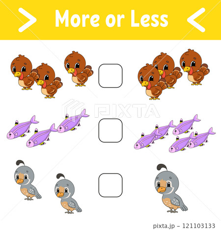 More or less. Educational activity worksheet for kids and toddlers. Vector illustration. More or less. Educational activity worksheet for kids and toddlers. Vector illustration. 121103133
