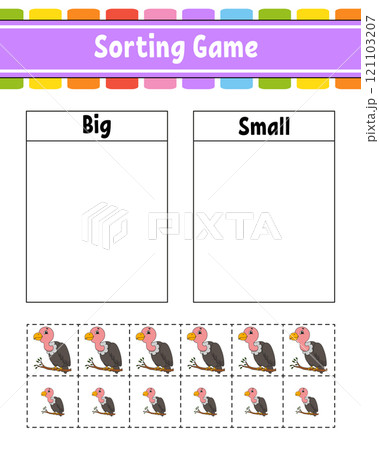 Sorting game for children. Happy characters. Big and small. Education worksheet. Vector illustration. Sorting game for children. Happy characters. Big and small. Education worksheet. Vector illustration. 121103207