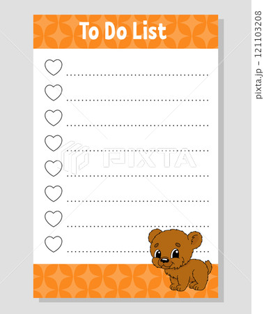 To do list for kids. Empty template. The rectangular shape. Funny character. cartoon . For the diary, notebook, bookmark. Vector illustration. To do list for kids. Empty template. The rectangular shape. Funny character. cartoon . For the diary, notebook, bookmark. Vector illustration. 121103208