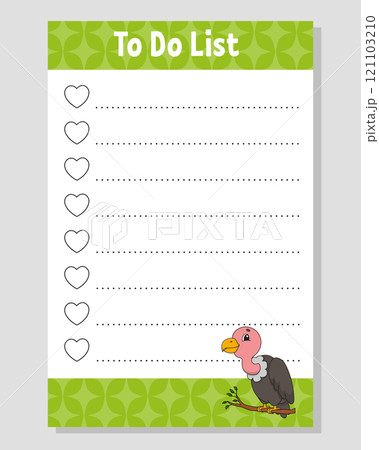 To do list for kids. Empty template. The rectangular shape. Funny character. cartoon . For the diary, notebook, bookmark. Vector illustration. 121103210