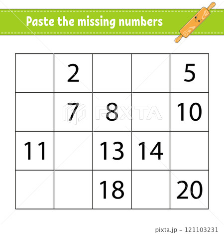 Paste the missing numbers 1-20. Game for children. Handwriting practice. Learning numbers for kids. Education developing worksheet. Activity page. Vector illustration. Paste the missing numbers 1-20. Game for children. Handwriting practice. Learning numbers for kids. Education developing worksheet. Activity page. Vector illustration. 121103231