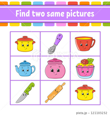 Find two same pictures. Task for kids. Education developing worksheet. Activity page. Color game for children. Funny character. Cartoon . Vector illustration. 121103232