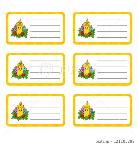 School labels for books and notebooks. Bright stickers. Rectangular label. Vector illustration. School labels for books and notebooks. Bright stickers. Rectangular label. Vector illustration. 121103288