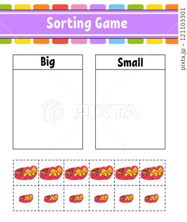 Sorting game for children. Happy characters. Big and small. Education worksheet. Vector illustration. Sorting game for children. Happy characters. Big and small. Education worksheet. Vector illustration. 121103301
