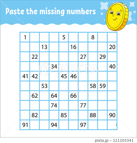 Paste the missing numbers from 1 to 100. Handwriting practice. Learning numbers for kids. Education developing worksheet. Activity page. Vector illustration. Paste the missing numbers from 1 to 100. Handwriting practice. Learning numbers for kids. Education developing worksheet. Activity page. Vector illustration. 121103341