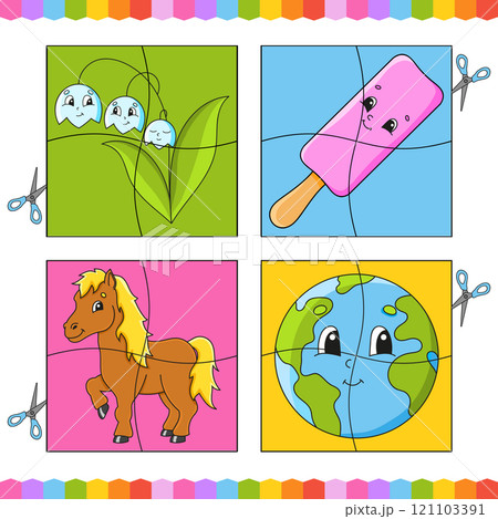 Cut and glue. Set flash cards. Education worksheet. Activity page. Game for children. cartoon character. Vector illustration. Cut and glue. Set flash cards. Education worksheet. Activity page. Game for children. cartoon character. Vector illustration. 121103391