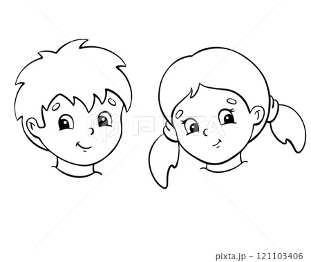Brother and sister. Boy and girl. Coloring page for kids. Digital stamp. Cartoon style character. Vector illustration isolated on white background. 121103406