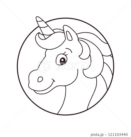 Horse unicorn head. Coloring book page for kids. Cartoon style character. Vector illustration isolated on white background. 121103440