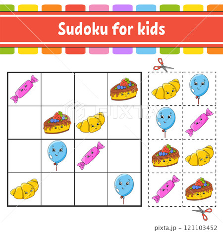 Sudoku for kids. Education developing worksheet. Activity page with pictures. Puzzle game for children. Logical thinking training. Isolated vector illustration. Funny character. Coon style. 121103452