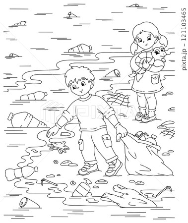 Children clean up the ocean coast from garbage. The problem of ecology. Ocean plastic pollution. Coloring book page for kids. Cartoon style character. Vector illustration isolated on white background. 121103465
