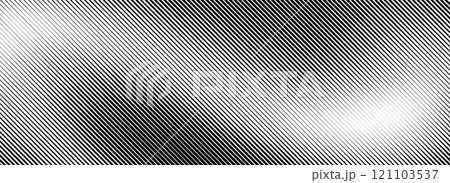 Fading lines gradient texture. Black diagonal stripes gradation background. Thin and thick vanishing slanted pattern backdrop. Oblique parallel strokes wallpaper for overlay, print, cover. Vector 121103537