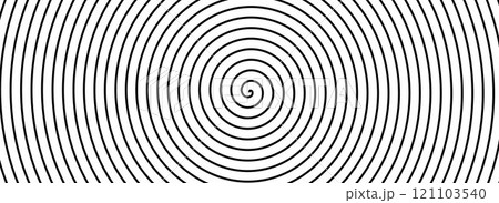 Black and white hypnotic spiral background. Radial optical illusion. Swirl tunnel wallpaper. Horizontal spinning concentric circles. Vortex or whirlpool design for poster, banner, flyer. Vector art  121103540