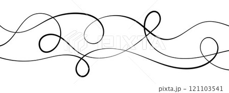 Thin squiggly lines. Wavy wiggle stripes pattern decoration. Curvy thread, string or yarn strikes for ornament, decor, separate, divider. Tangled squiggle linear doodle wave shapes. Vector 121103541