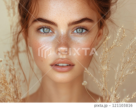 自然光に照らされたそばかす美人の繊細なポートレート 自然光に照らされたそばかす美人の繊細なポートレート 121103816