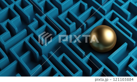 Maze with a golden sphere symbolizes challenge and success in problem-solving, AI 121103884